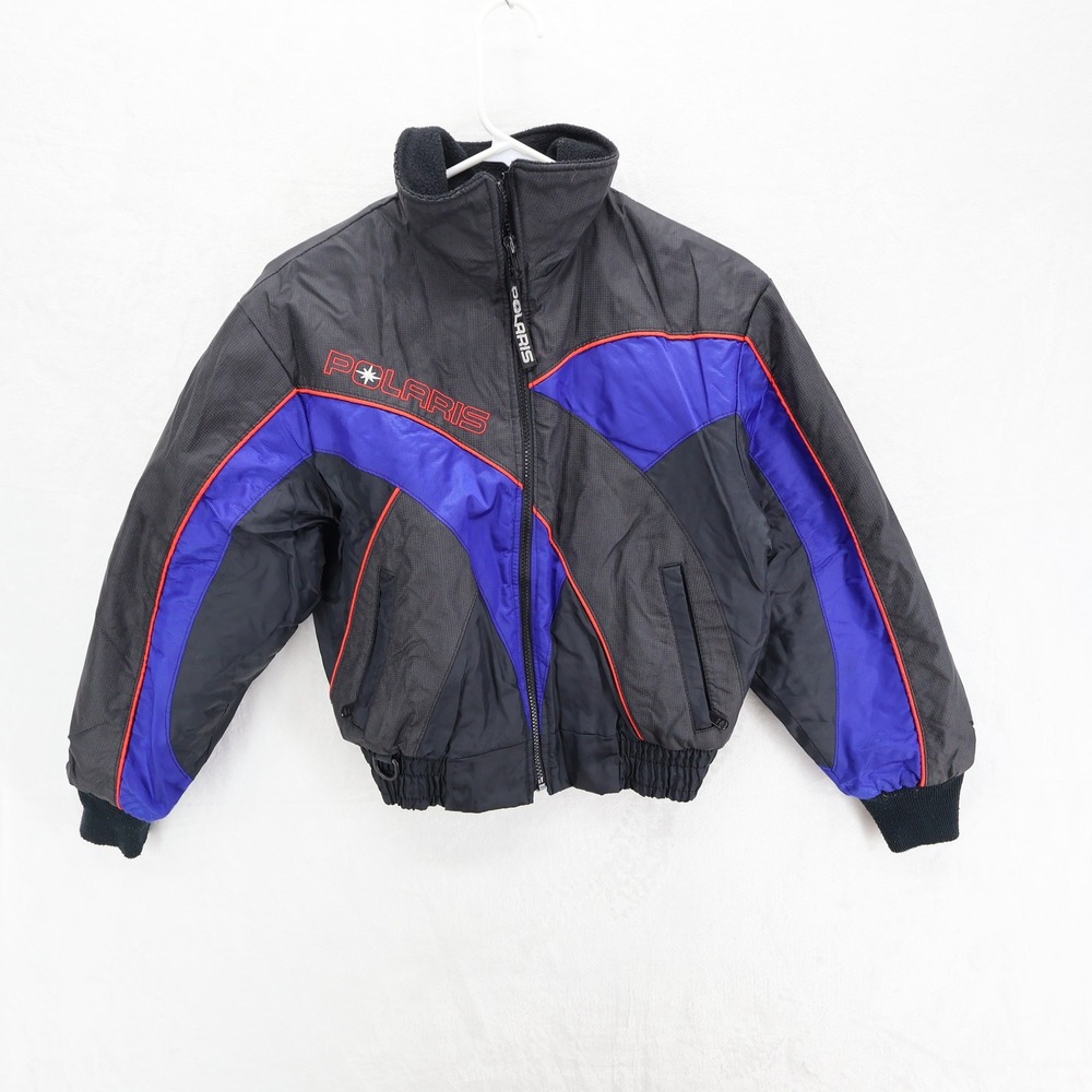 Vintage Polaris Snowmobile Jacket Youth Size 12 Black Blue Red Made in USA